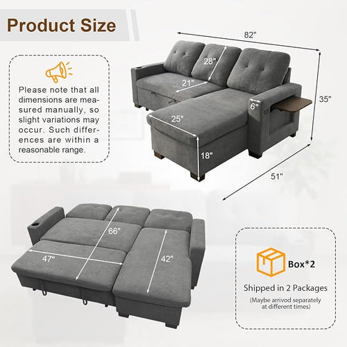 82" L Shaped Sleeper Sofa Bed, Pull Out Sectional Couch - Image 2