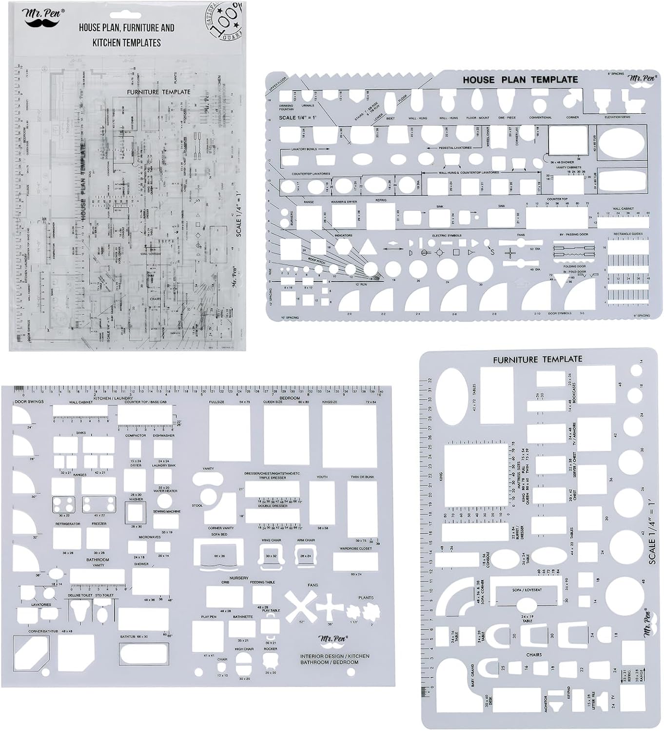 Mr. Pen- House Plan, Interior Design and Furniture Templates, Drafting Tools and Ruler Shapes for Architecture - Set of 3