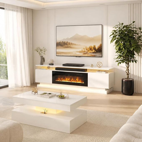 2-Piece Modern Living Room Table Set, Includes High Gloss 70" Fireplace TV - Image 2