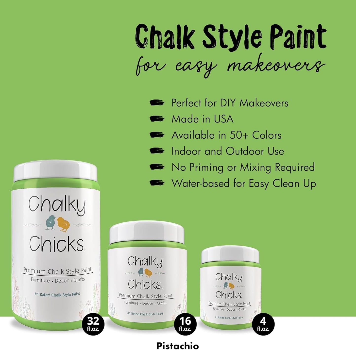 Chalky Chicks All-in-One Chalk Paint for Furniture or Cabinet - 16 Fl Oz - Matte Finish Pistachio (Lime Green) for Metal, Wood Furniture Paint - No Sanding All-in-One for Home Decor & Crafts, USA Made