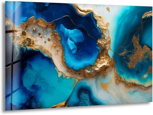 My Photostation.com Round 24'' Blue Alcohol ink Glass Wall ArtTempered Glass Printing Wall Decor Large Wall Art Wall Hangings