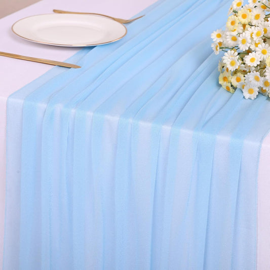 30 x 120 Inches Baby Blue Chiffon Table Runner 10ft Boho Gauze Table Runner for Wedding Decor, Rustic 120inch Long Table Runner for Wedding Bridal Baby Shower Party Decorations