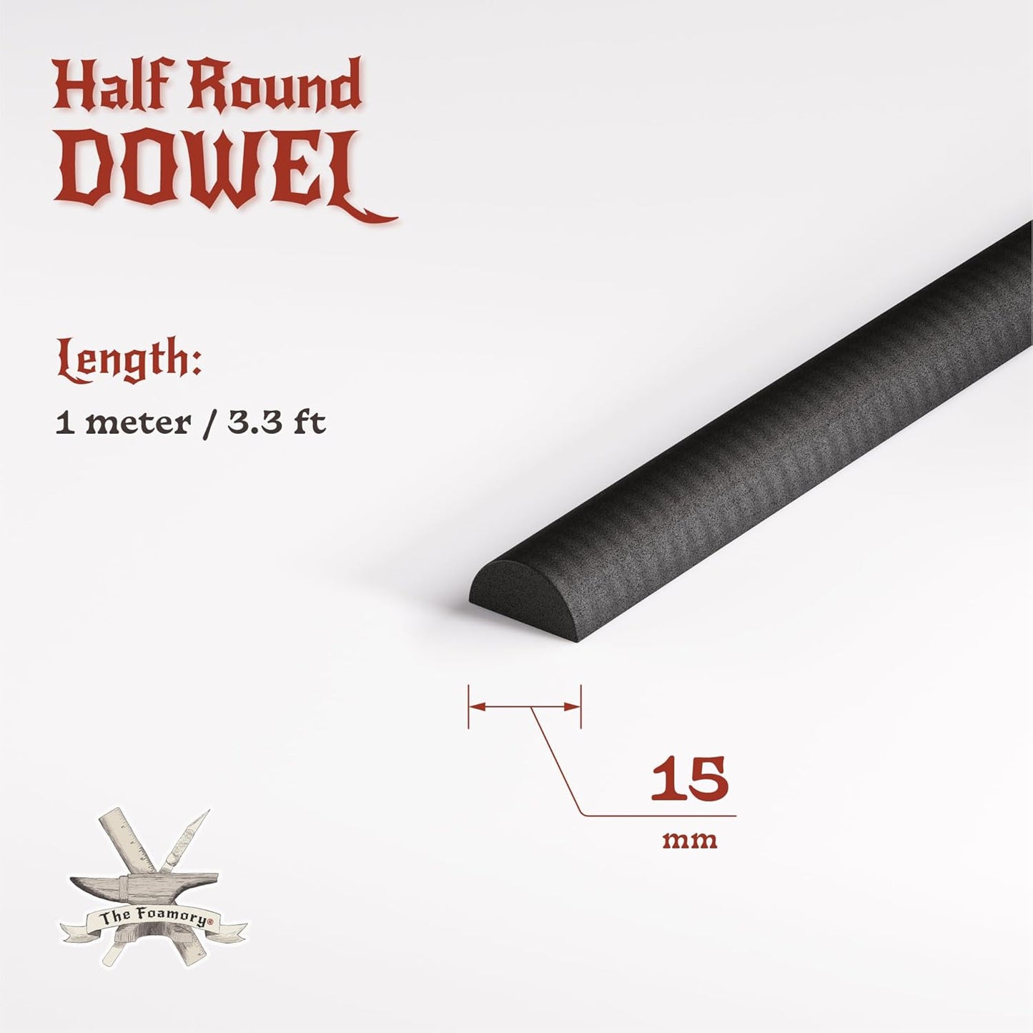 The Foamory's No Waste Half Round EVA Foam Dowel. 5-25mm x 1M High-Density Black Craft Foam Stick. Pre-Cut for Quick Cosplay Armor Trim, Weapon Enhancement and Costumes. Time Saving, Paint-Ready Bevel