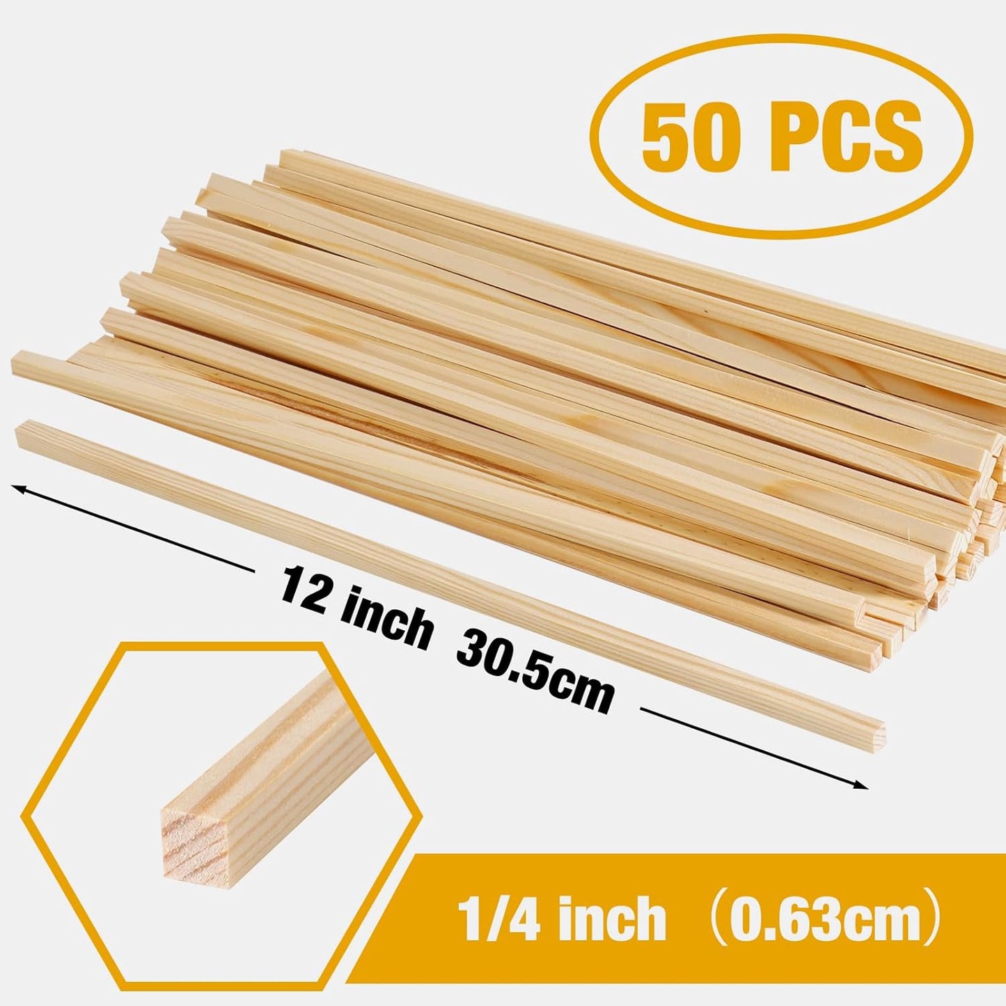 Square Wood Dowels Wooden Dowel Rods for Crafting 3/16" x 12", 50 PCS Square Wood Craft Sticks, Unfinished Pine Hardwood Sticks for Woodworking Models Making Dollhouses Miniatures