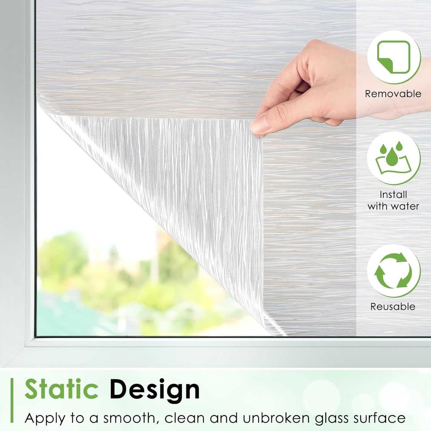 Homein Window Privacy Film, Frosted Glass Window Film Decorative, Non Adhesive Glass Clings, Static Cling Door Coverings, UV Blocking Privacy Sticker for Home, Pure Wave, 23.6 x 118.1 inches