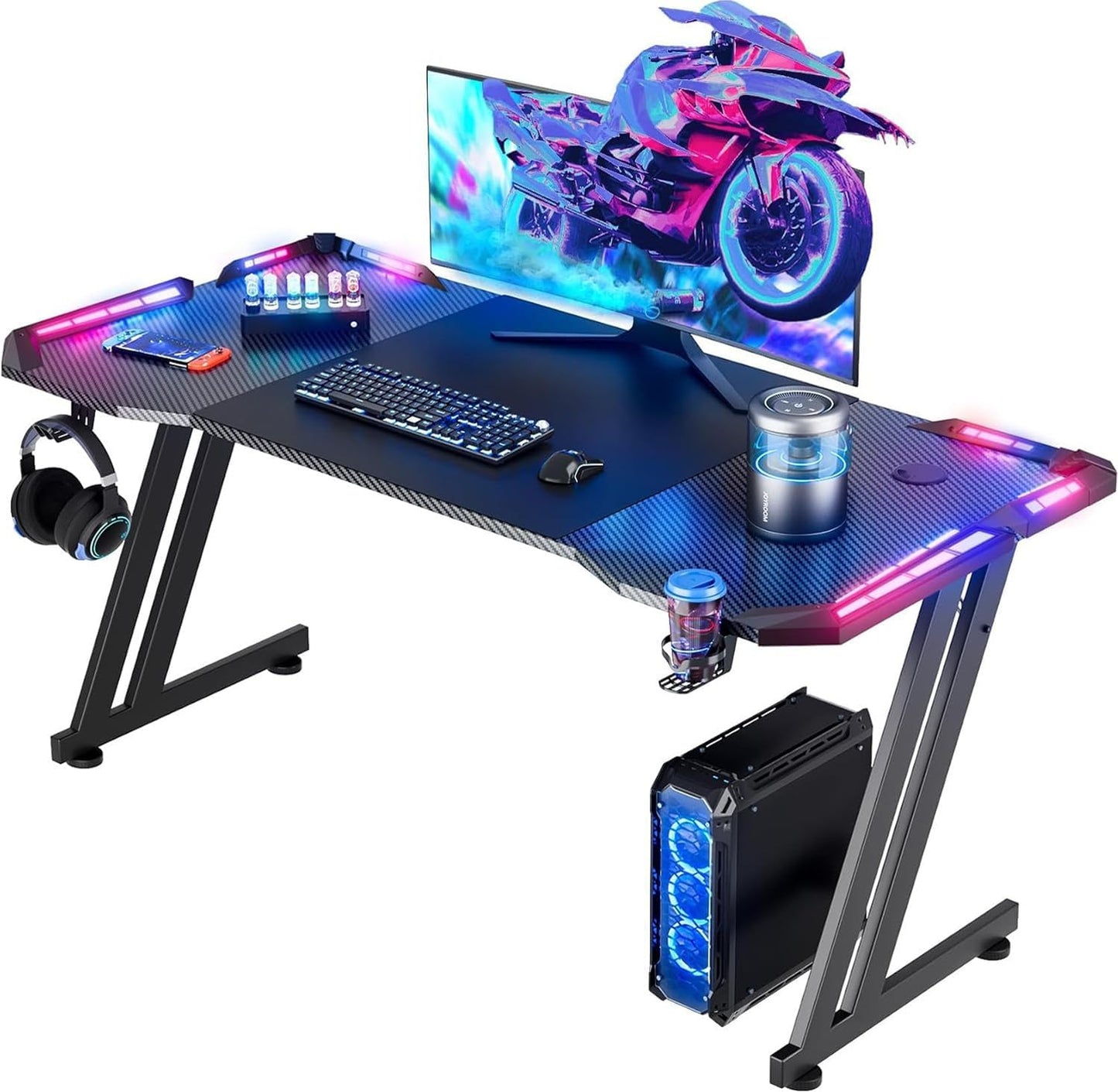 HLDIRECT 55 Inch Gaming Desk with LED Lights Carbon Fibre Surface Gaming Table Large Computer Desk Ergonomic Home Office Desks Z Shaped PC Gamer Workstations with Cup Holder & Headphone Hook Black