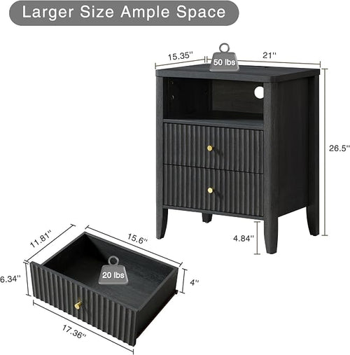 21" Fluted Nightstand with Charging Station – Modern Bedside Table with 2 - Image 2
