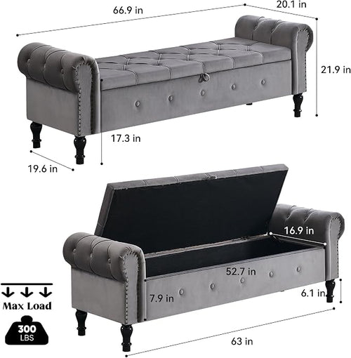 67" Storage Bench for Bedroom, Velvet End of Bed Bench, King Size Bench - Image 2