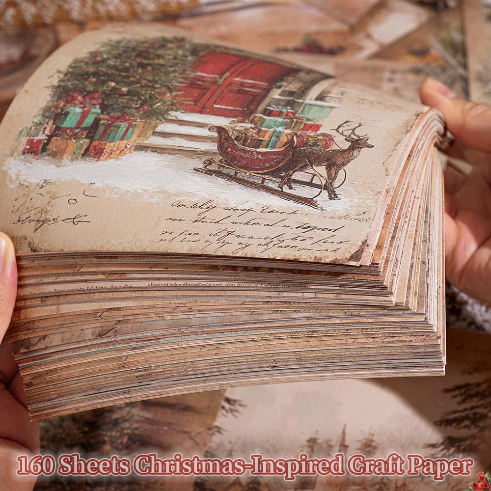 160 sheets of Christmas scrapbook paper, journaling scrapbook supplies craft collage paper set, junk journal bullet journal poster room decor for card making decorative gifts