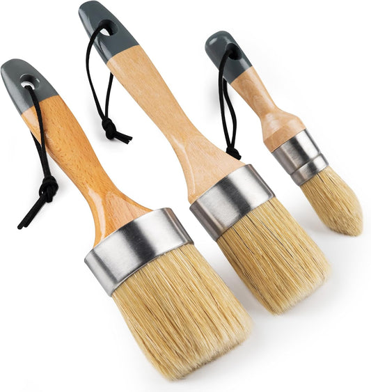 Mister Rui Chalk Paint Brushes, 3 Pack Wax Brush Set, Round Paint Brush Use with All Paints, Natural Bristle Brush for Painting, Stencils, Waxing, Home Decor, DIY Art Crafts