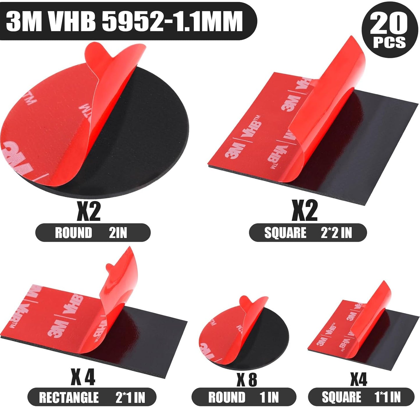 20 Pack 3M VHB 5952 Foam Tape, Double-Sided Heavy Duty Mounting Tape – 1 Inch & 2 Inch, Square, Rectangle & Round Shapes, Waterproof & Heat Resistant, for Car, Home Decor & Outdoor Use