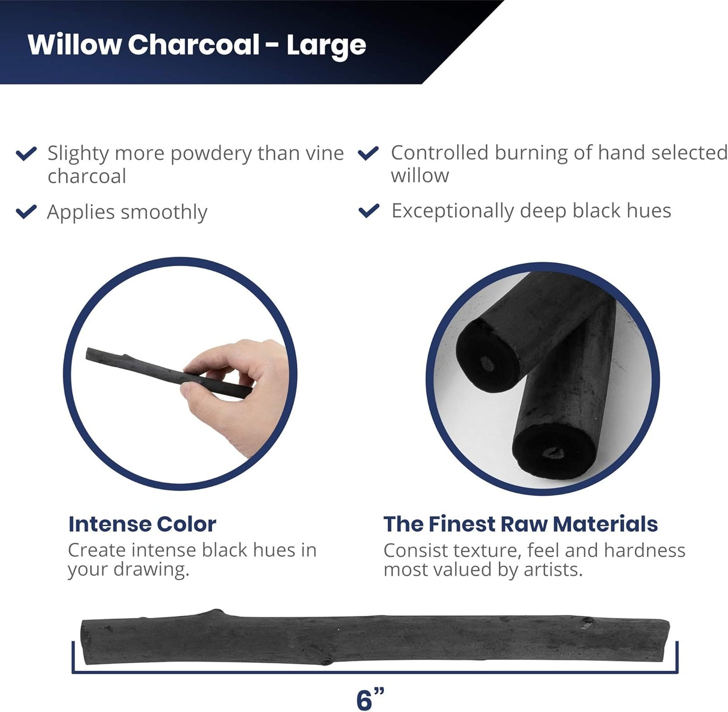 Pacific Arc 2 Pack Large Vine Charcoal Stick 5/Pkg, Soft, Black, Thick Willow Charcoal for Sketching and Drawing