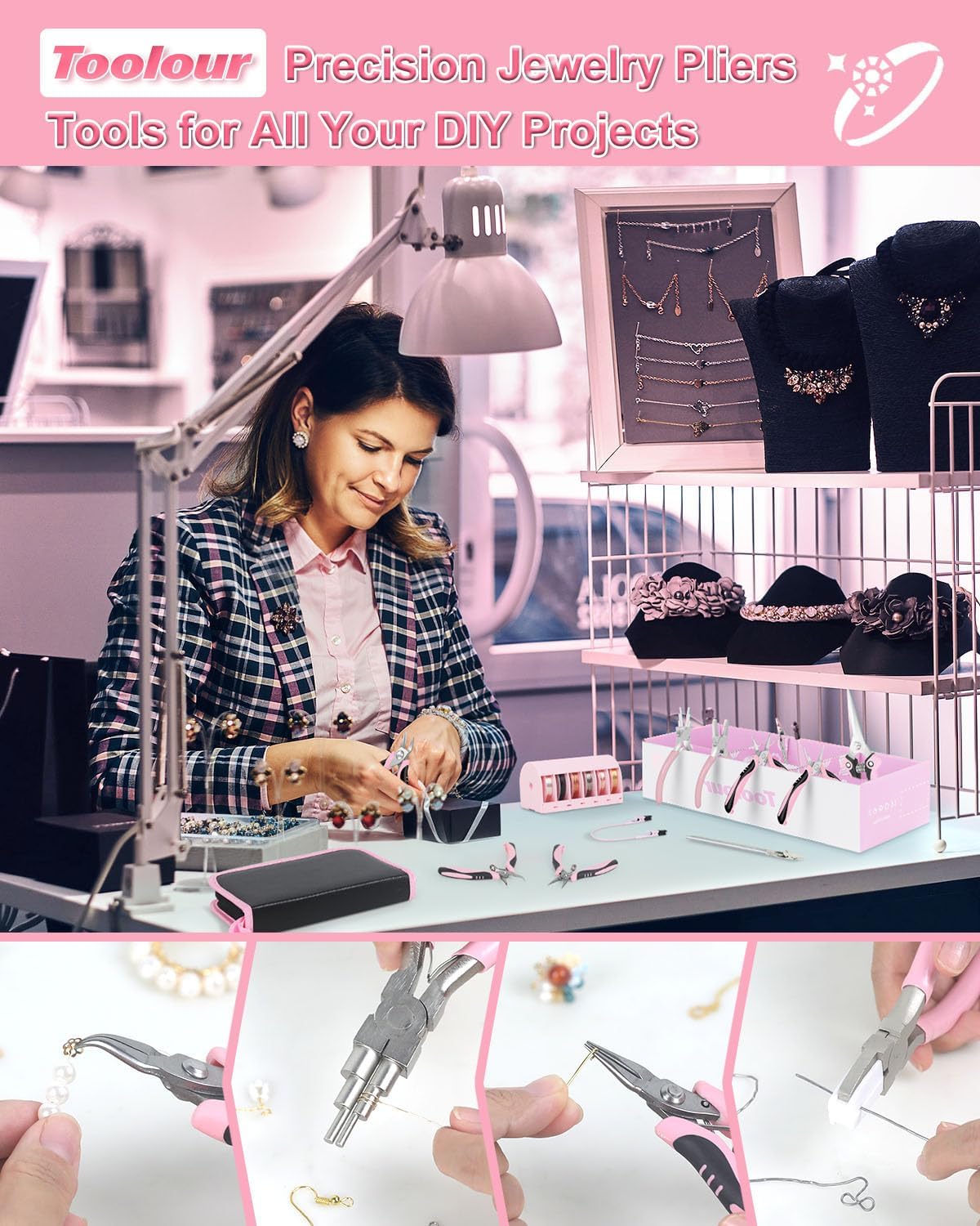 Toolour Jewelry Pliers Set Jeweler Making Tools with 6 Rolls Beading Wire Kit for Jewelry Supplies DIY Hobby Repair Crimping Wrapping,Pink Professional Craft Pliers for Adults Beginner