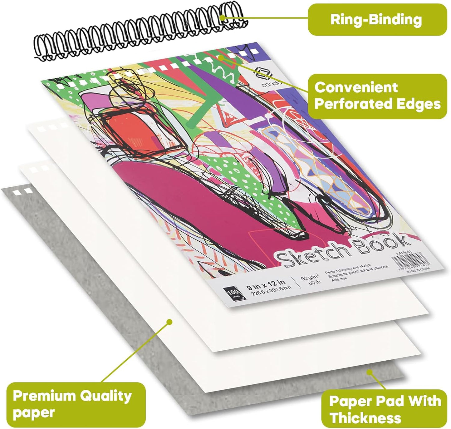 CONDA 9 x 12 Inch Sketchbook, Top Spiral Bound Sketch Pad, 100 Sheets (60 lb/90 GSM), Durable Acid-Free Sketch Paper, Drawing and Sketching Paper for Kids Adult Beginners