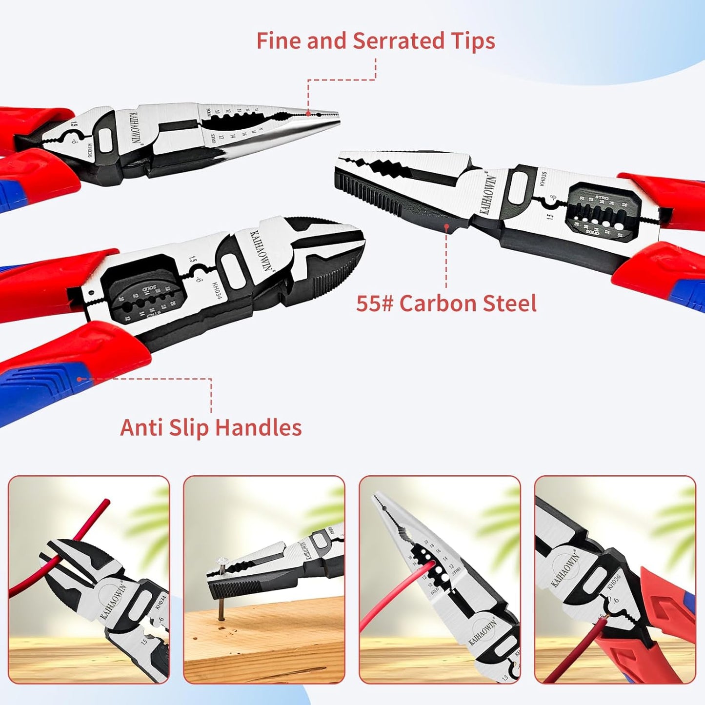 KAIHAOWIN 6-Piece Tool Set with Case, 8.8” Long Nose, 8.8” Linesman, 8” Diagonal, 6“ Adjustable Wrench, 8”&10” Slip Joint Pliers for Repairing & Home Use