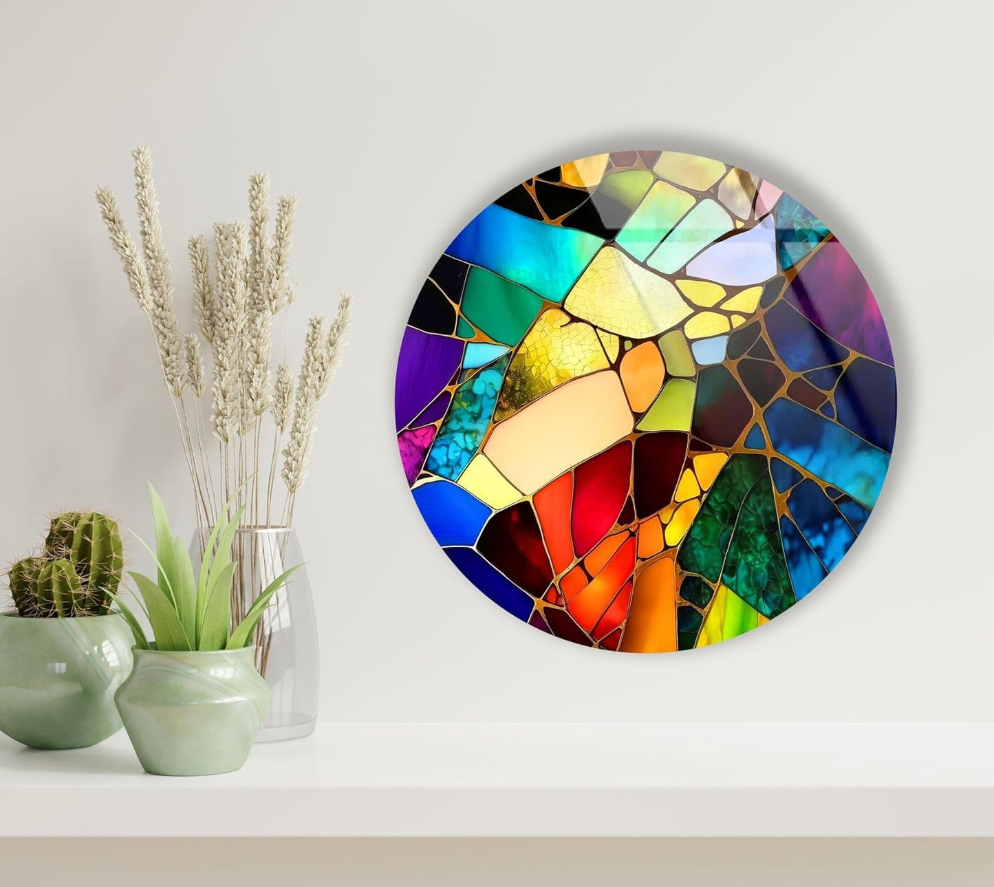 My Photostation.com 20''(50cm) Diameter Multicolor Round Stained Glass Wall Art Vibrant Mosaic Abstract Panel Tempered Glass Printing Wall Decor Large Wall Art Wall Hangings