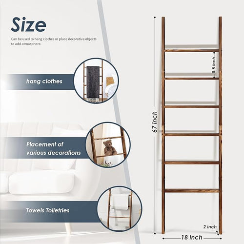 6-Tier Blanket Ladder Wooden, 5.7FT Blanket Quilt Towel Holder Rack Decorative - Image 2