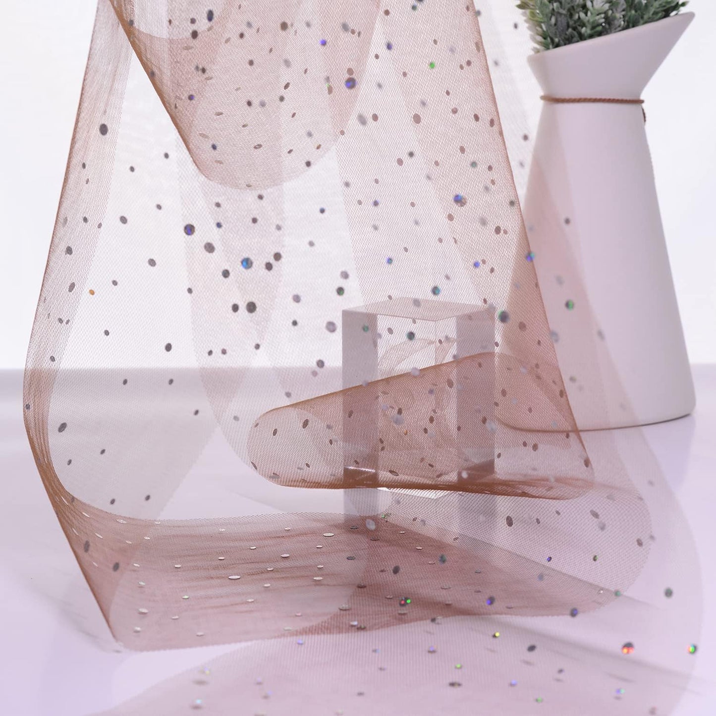 Glitter Tulle Rolls, 6' by 50 Yards (150FT) Sequin Tulle Netting Fabric for Tutu Skirts Sewing Birthday Wedding Party Decoration (Brown)