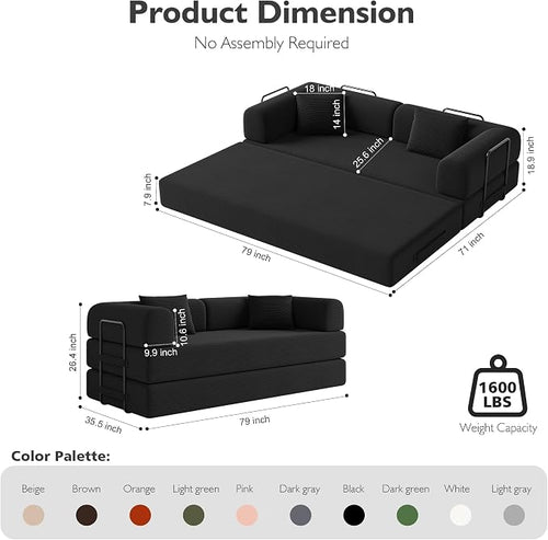 79in Convertible Sofa Bed, Corduroy Boneless Couch Bed, Futon Sleeper Sofa Pull - Image 2