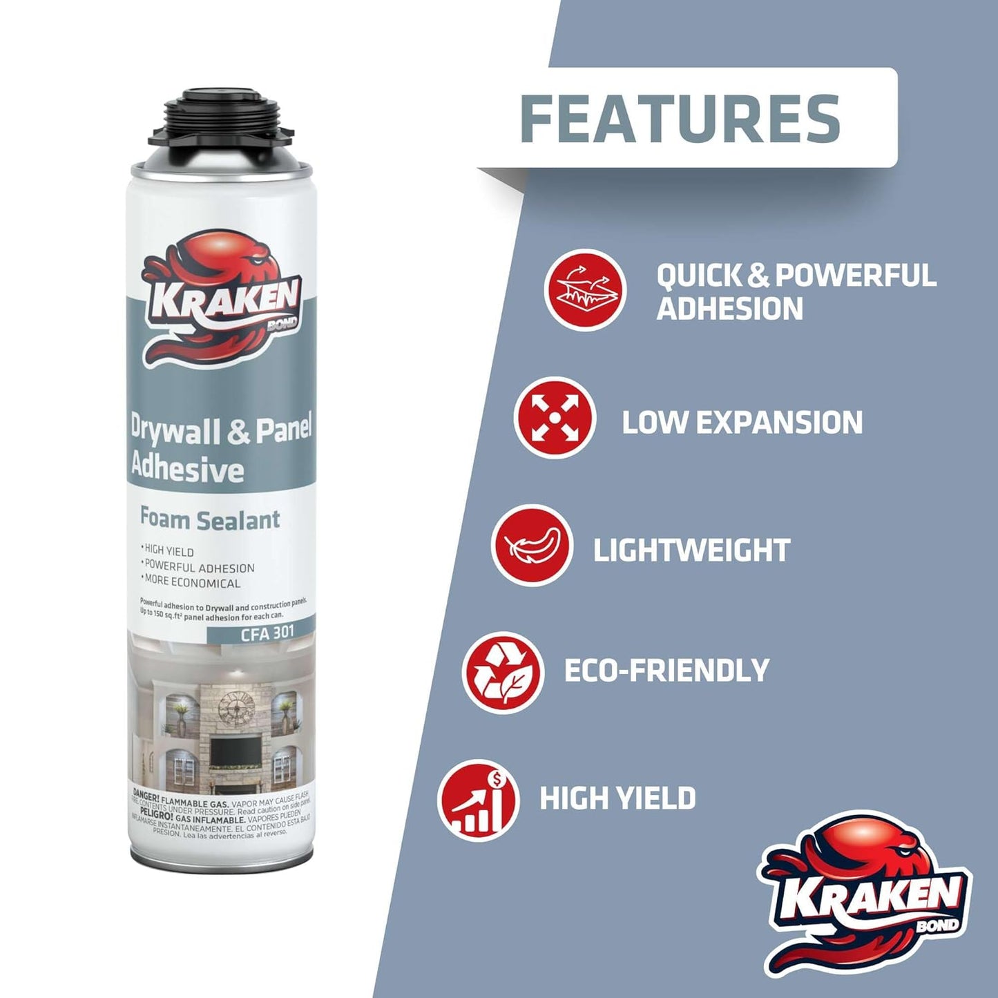 KRAKEN BOND Drywall & Panel Adhesive Foam - (12x24oz) Heavy-Duty, Fast-Curing Construction Adhesive for Concrete, Wood, and Heat Insulation Applications - 12 Pack