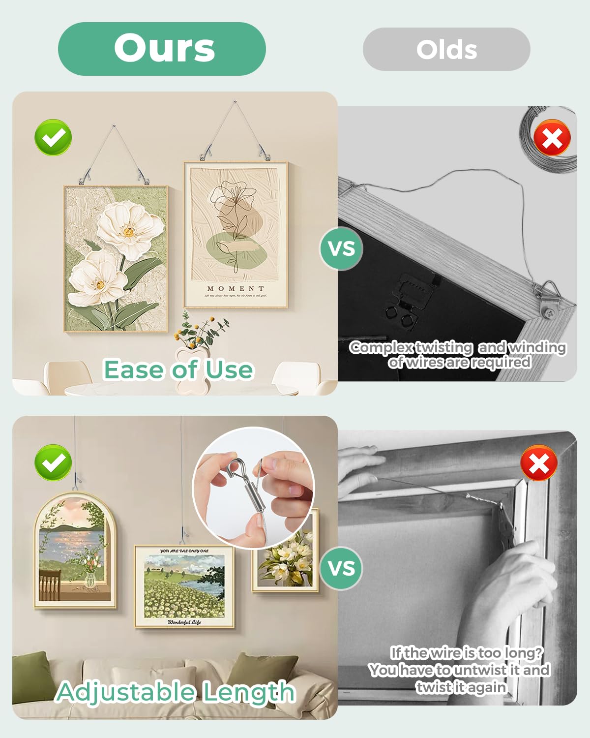2PCS Adjustable Picture Hanging Wire 3m x 1.5mm Large Hooks, Picture Frame Wire Kit Heavy Duty 100lbs, Stainless Steel for Art, Mirror, Light Lamp, Billboards, Basket Flowerpot