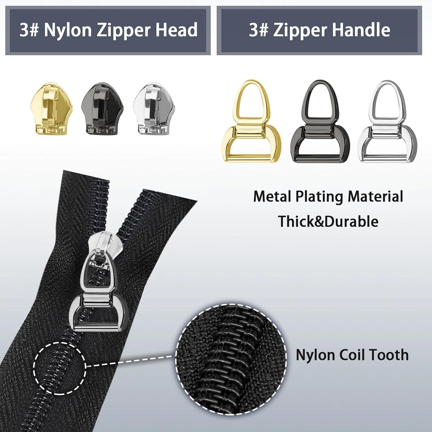 VICHERIA Zipper Repair Kit (45 Pcs), Universal Zippers for Sewing, Replacement Slider Pull Fix Kit for Jackets, Coat, Boot, Backpack, Purse (3#-B-9Pcs)