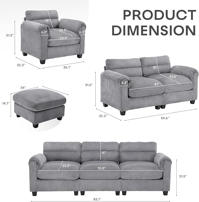 HAOMARKETS Corduroy Sofa Set, Upholstered Armchair and Loveseat Sofa Set of 2 - Image 2