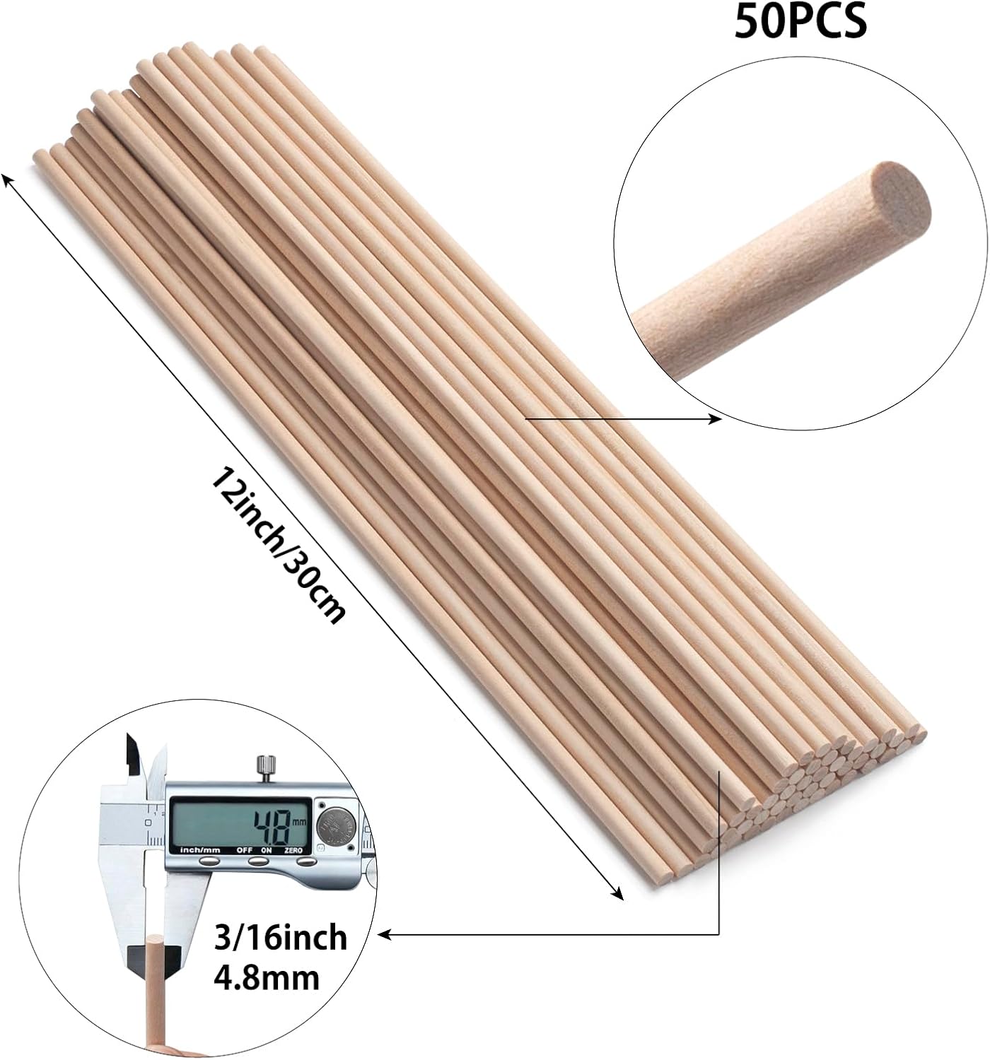 Wooden Dowel Rods Wood Dowels for Craft 3/16 x 12, 50 PCS Round Wooden Sticks for Crafts, Macrame Dowels, Unfinished Hard Wood Sticks for Crafting, Tiered Cake Support and Photo Props, Ribbon Wands