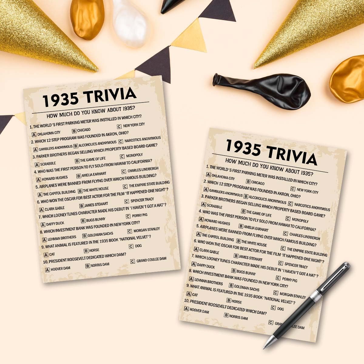 QUPT 90th Birthday Party Games, 1935 Trivia Games, Birthday Party Supplies for Adults, Fun 1935s Party Game，Pack of 30 Cards