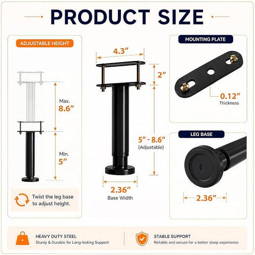 4Pcs Bed Frame Support Leg, Adjustable Height 5"-8.6", Extra Sturdy Steel Bed - Image 2