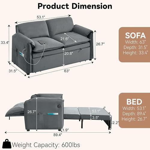 63" Velvet 3 in 1 Convertible Sleeper Sofa Bed, Pull Out Couch Bed Loveseat - Image 2