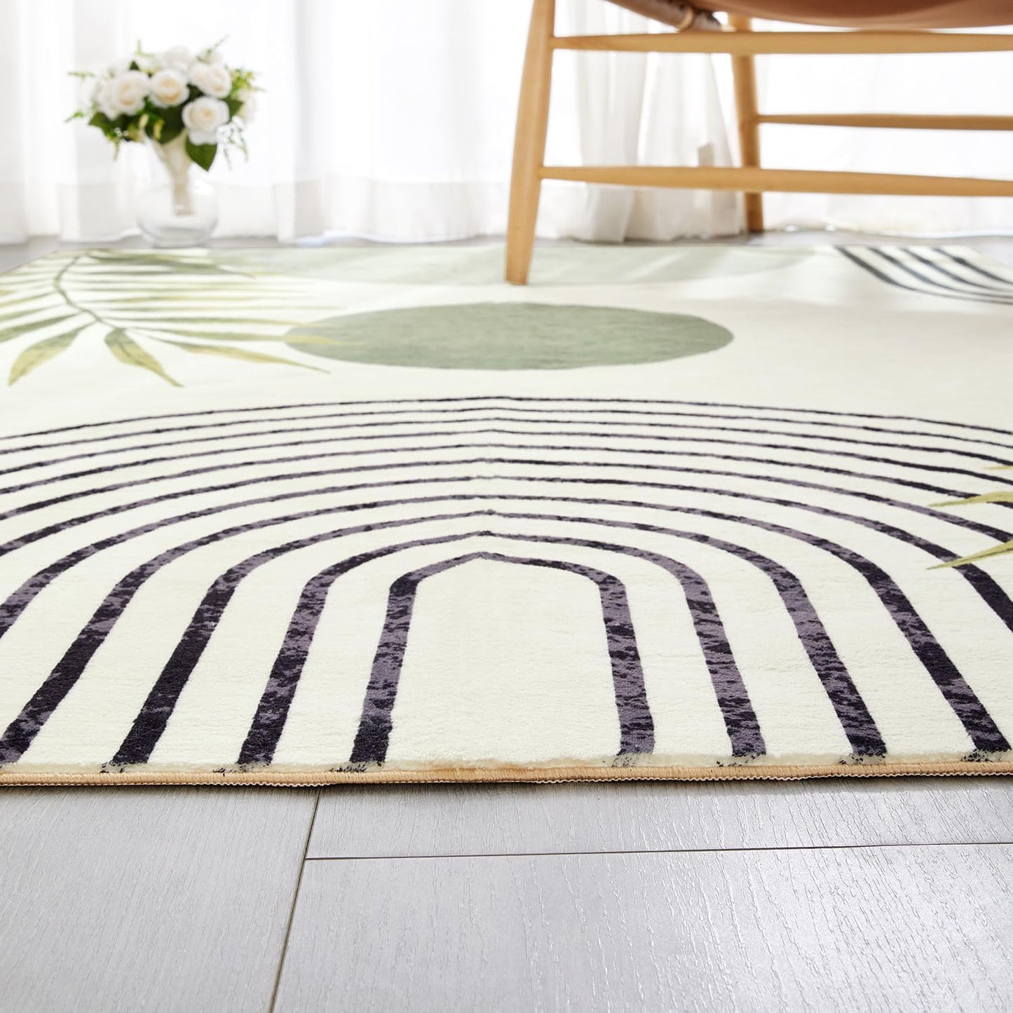RoomTalks Boho Green Cute 3x5 Small Area Rugs Washable, Modern Abstract Geometric Shape with Tropical Leaves Non Slip Throw Rugs for Bedroom Kitchen Entryway Indoor Doormat Stain Resistant