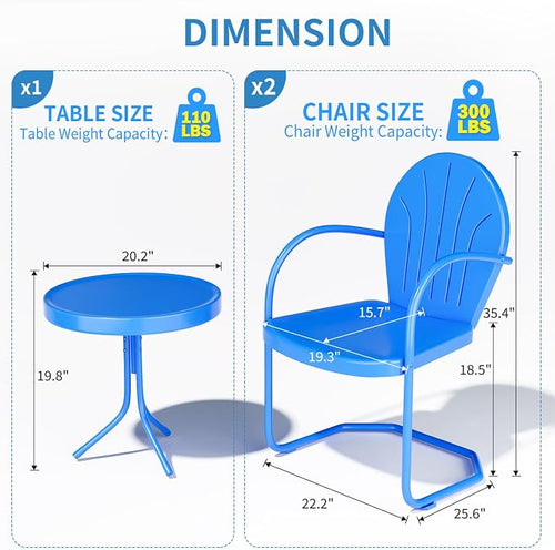 3 Pieces Patio Bistro Set, Retro Metal Outdoor Seating Conversation, 2 C-Spring - Image 2