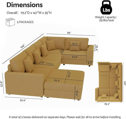 146" Modular Sectional Sofa, Oversized U Shaped Couch, Convertible Sleeper Sofa - Image 2