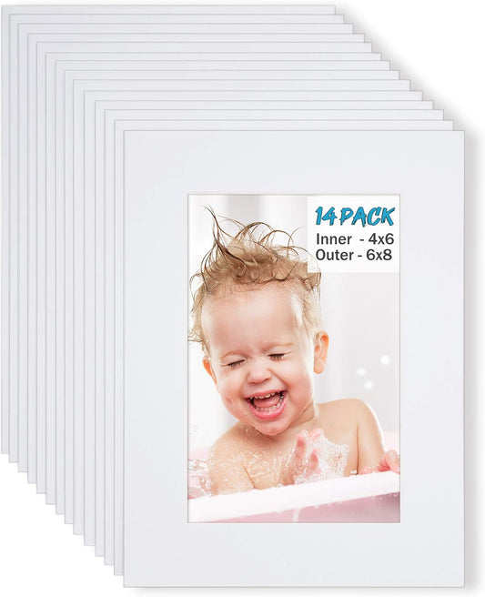 Egofine 6x8 White Picture Mats, Frame Mattes for 4x6 Pictures, Acid Free, 1.2mm Thickness, with Core Bevel Cut - Pack of 14