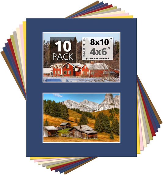 Mat Board Center, Pack of 10, Photo Picture Mats - Acid Free, 4-ply Thickness, White Core - for Pictures, Photos, Framing (8x10 for 2-4x6 Mixed Color)