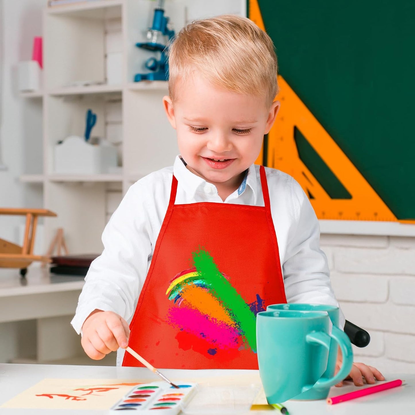 24 Pieces Red Kids Painting Aprons Kids Art Aprons with 2 Roomy Pockets Kids Aprons for Art Painting Activity Kitchen Crafts
