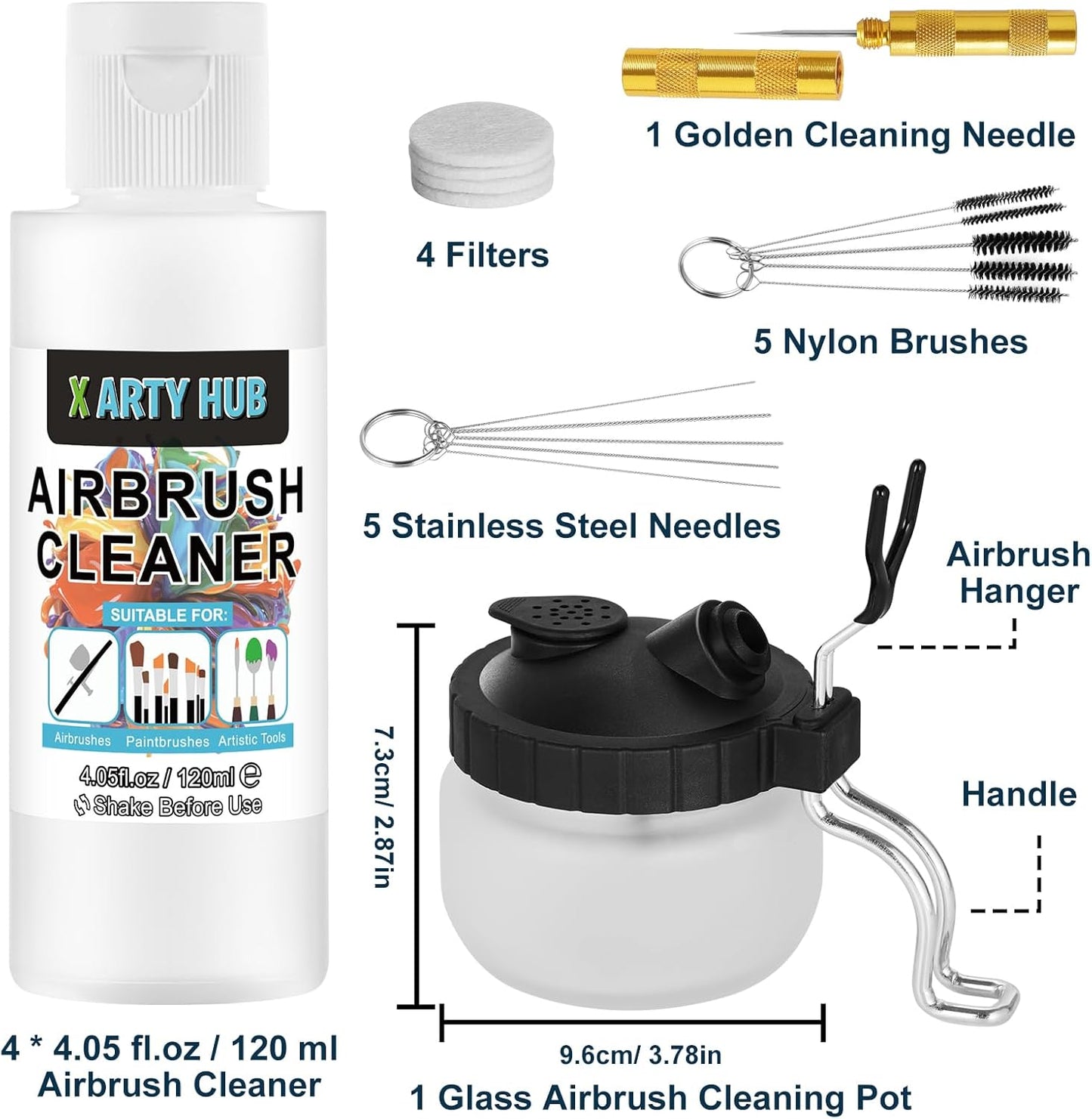 X ARTY HUB Airbrush Cleaning Kit - 4 * 4.05 fl oz / 120 ml Airbrush Cleaner with Glass Cleaning Pot, Easily Handle Water-Based and Acrylic Paints, for Airbrushes & Other Artistic Tools