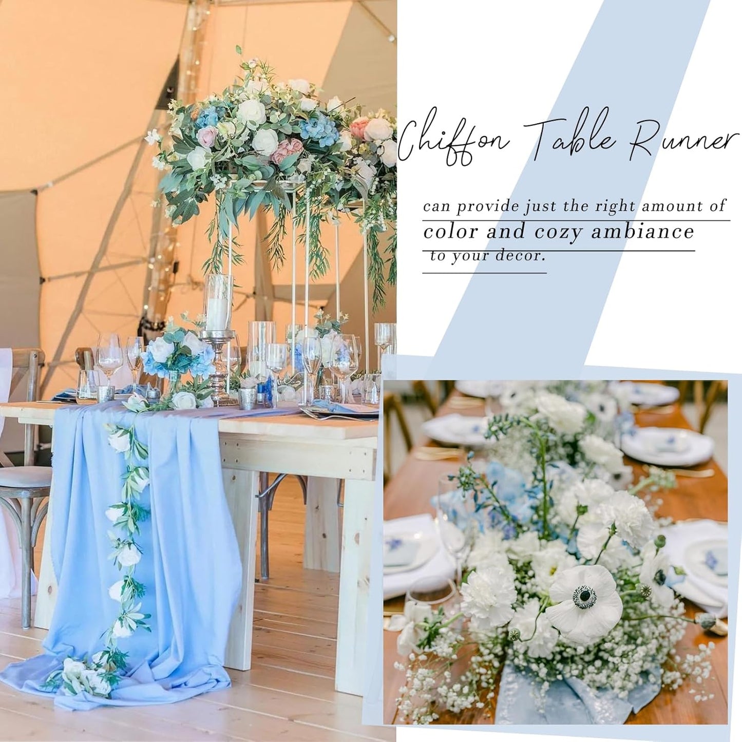 2 Packs 30 x 120 Inches Baby Blue Chiffon Table Runner 10ft Boho Gauze Table Runner for Wedding Decor, Rustic 120inch Long Table Runner for Wedding Bridal Baby Shower Party Decorations