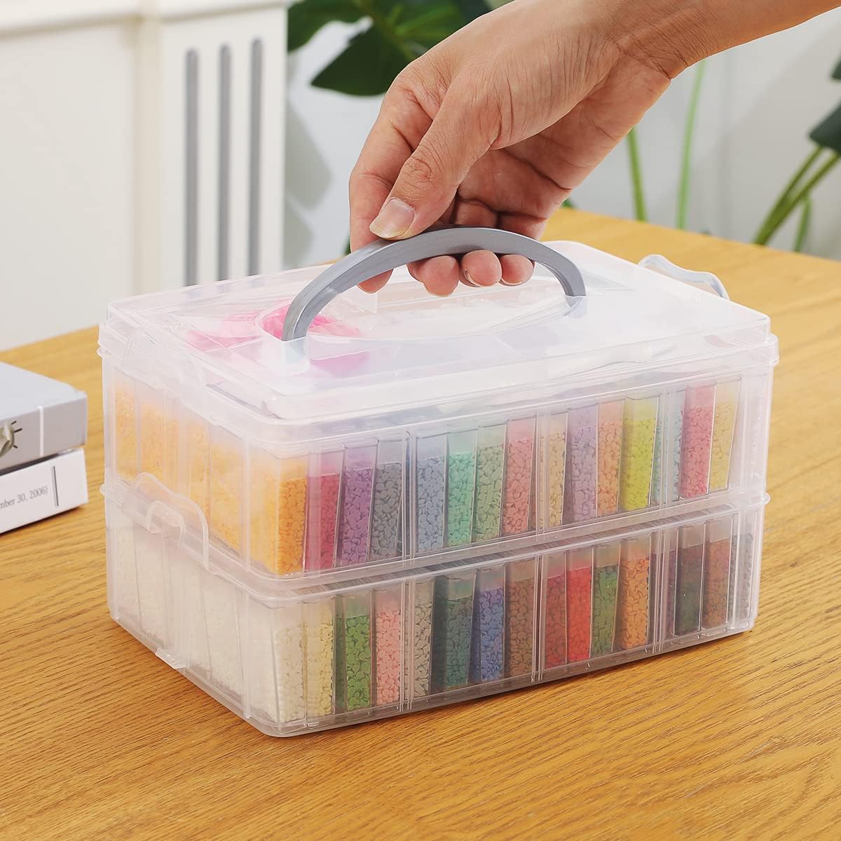 Douorgan 2-Tier Diamond Painting Storage Containers Portable Bead Organizer and Storage Box Stackable Arts & Crafts Organizers for Nail Charms Seed, 160 Rectangular, Funnel, Stickers