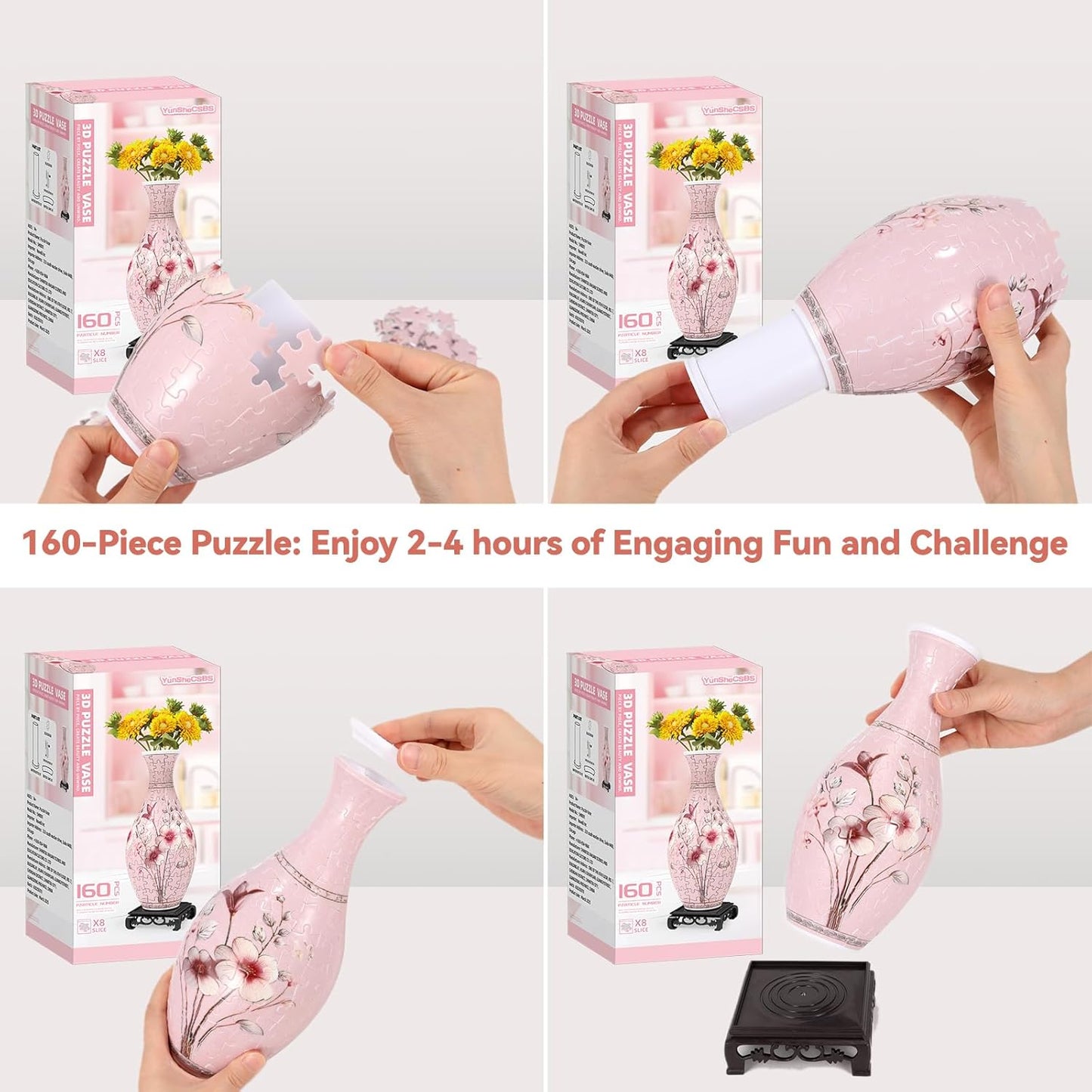 3D Puzzles Vase for Adults, Birthday Gifts for Women, 160 Pieces Plastic DIY Unique Flower Vase with LED Light, Crafts for Adults House Warming Gift for Flower Arrangements and Home Decor (Pink)