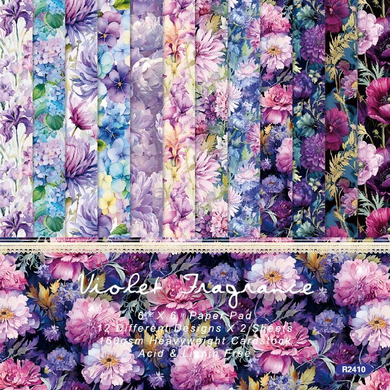 Purple Floral Scrapbook Paper Pad Color Flower Patterned Paper 6×6,24 Sheets Single-Sided Floral Scrapbooking CardStock Papers Pad for Holiday Cardmaking DIY Origami Journaling.