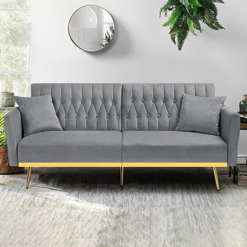 70” Velvet Futon Sofa Bed with 2 Pillows and Adjustable Armrests, Convertible - Image 2