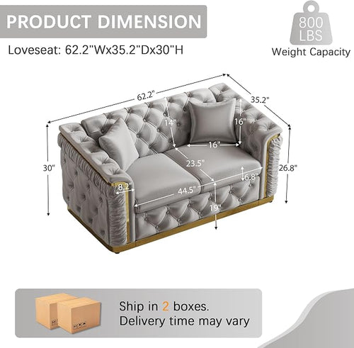 62.2" Luxury Velvet Chesterfield Sofa Tufted Victorian Black and Gold Couch - Image 2