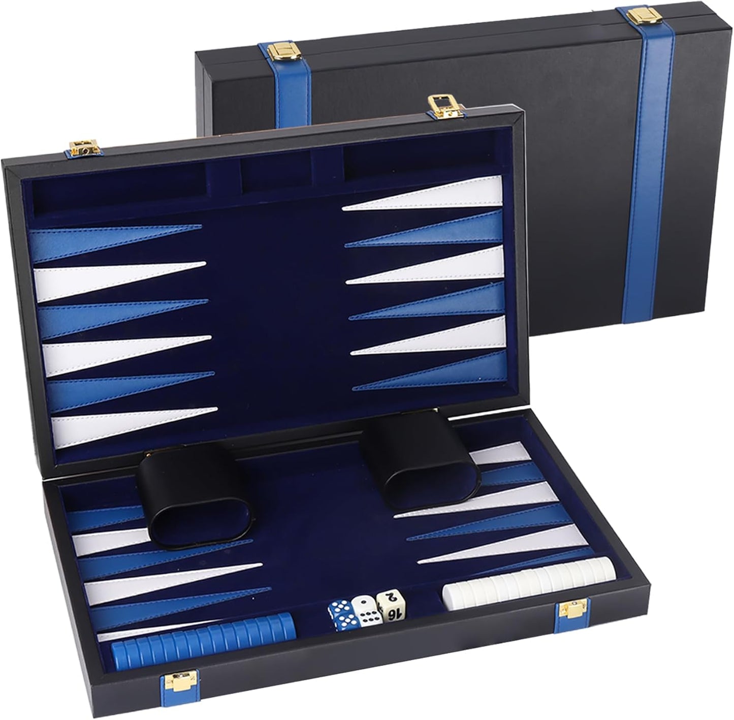 GSE Games & Sports Expert Premium Leather Backgammon Board Game Set, Classic Backgammon Game Set with Leather Case, Travel Folding Board Game (Black&Blue, Small)