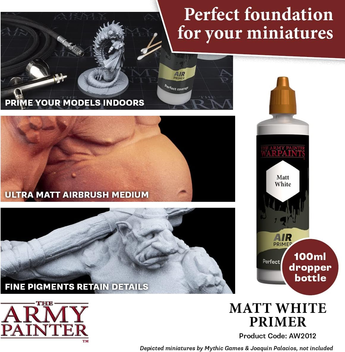 The Army Painter Airbrush Primer White, 100ml Dropper Bottle Acrylic Paint Primer, Acrylic Airbrush Paint Primer for Airbrushing and Painting Wargaming Miniatures, Perfect for Tabletop Boardgames