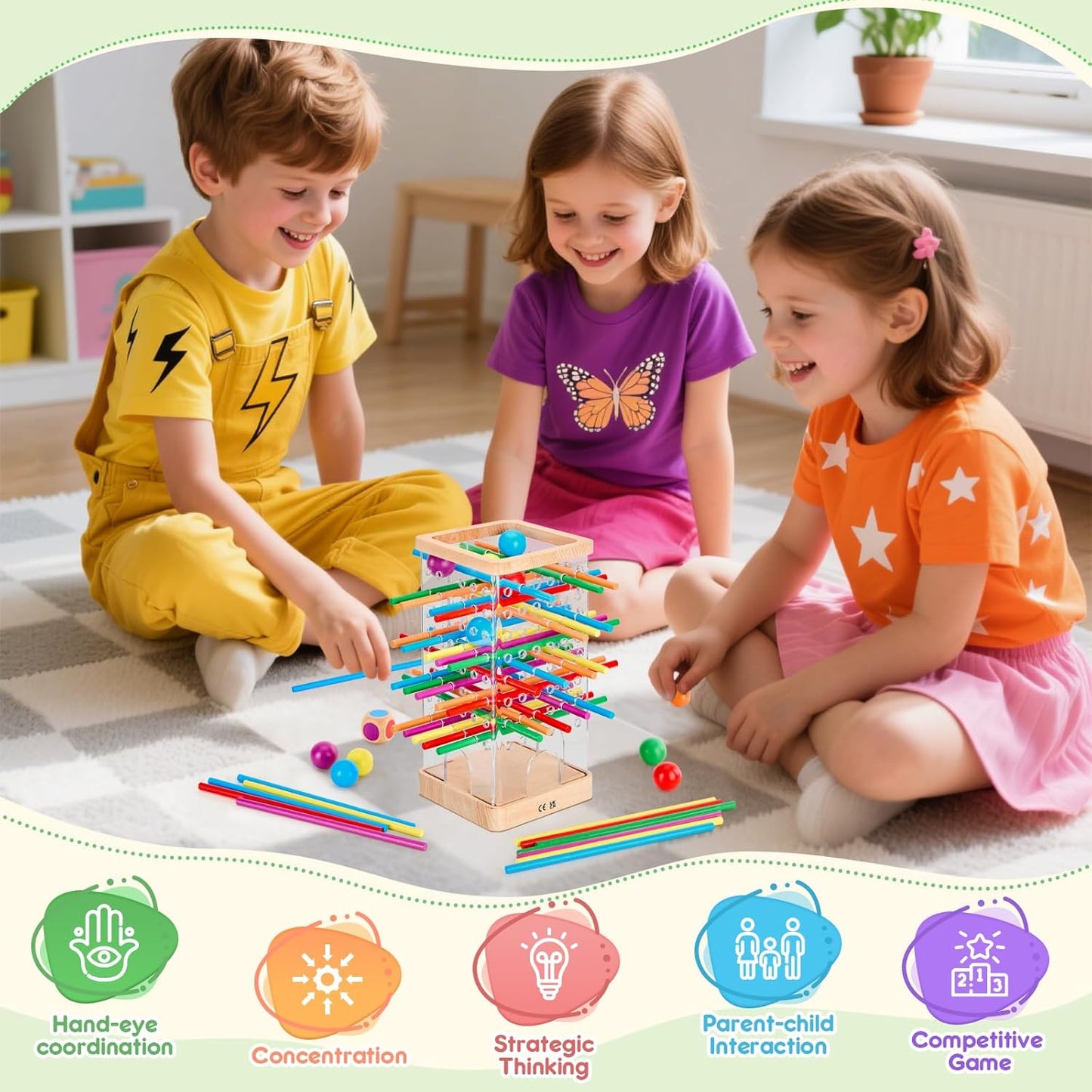 Montessori Wooden Board Games, 48 Colorful Sticks Dice Game with 12 Balls, Family Game for Kids and Adults, Math Educational Toys for 3 4 5 6 Years Old, Fine Motor Skills Toy Gifts for Boys and Girls