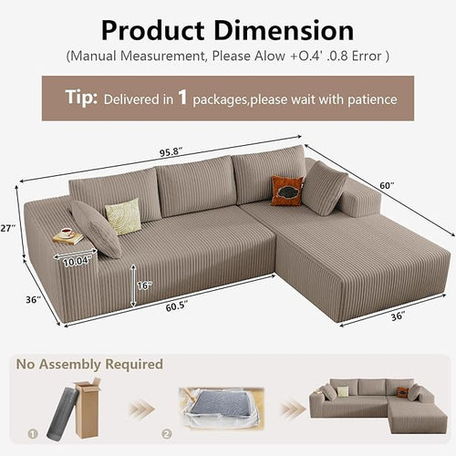 95" Cloud Sectional Couch with L-Shape Chaise, Modular Comfy Sofa Chaise Longue - Image 2