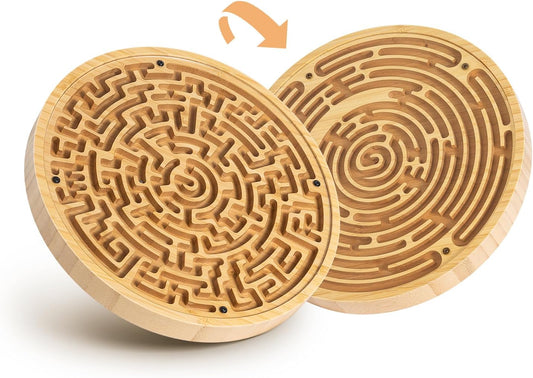 Wooden Labyrinth Board Game with Two Versions of Upgraded Circular Marble Maze with Two-Sided Design, 2-in-1 Puzzle Maze with Two Metal Balls, Brain Teaser Game for Children, Teenagers, and Adult