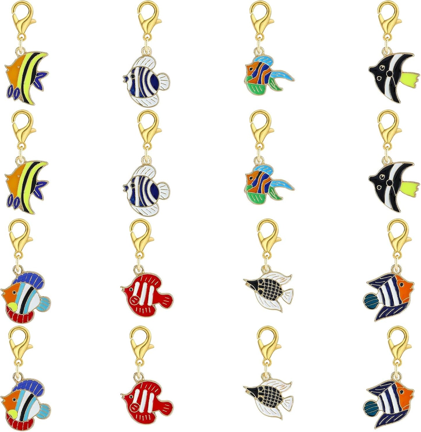 BEEFLYING 16Pcs Fish Stitch Marker Charms for Crocheting and Knitting, 8 Styles Alloy Enemal Crochet Knit Stitch Marker Pendant with Removable Clasp for Knitting Crocheting Accessories
